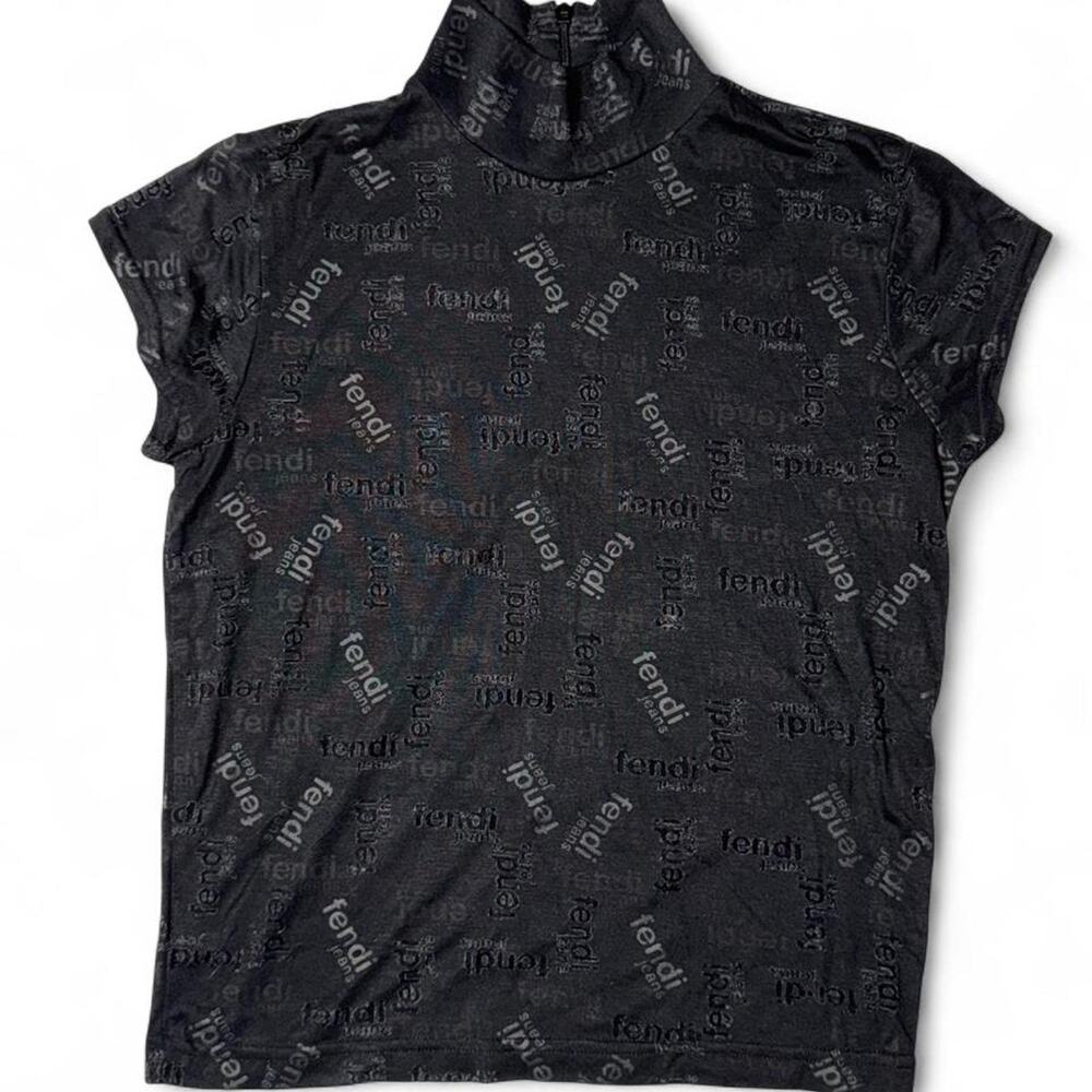 VTG Fendi Jeans All Over Monogram Logo Mock Neck Zip Top Black S/M